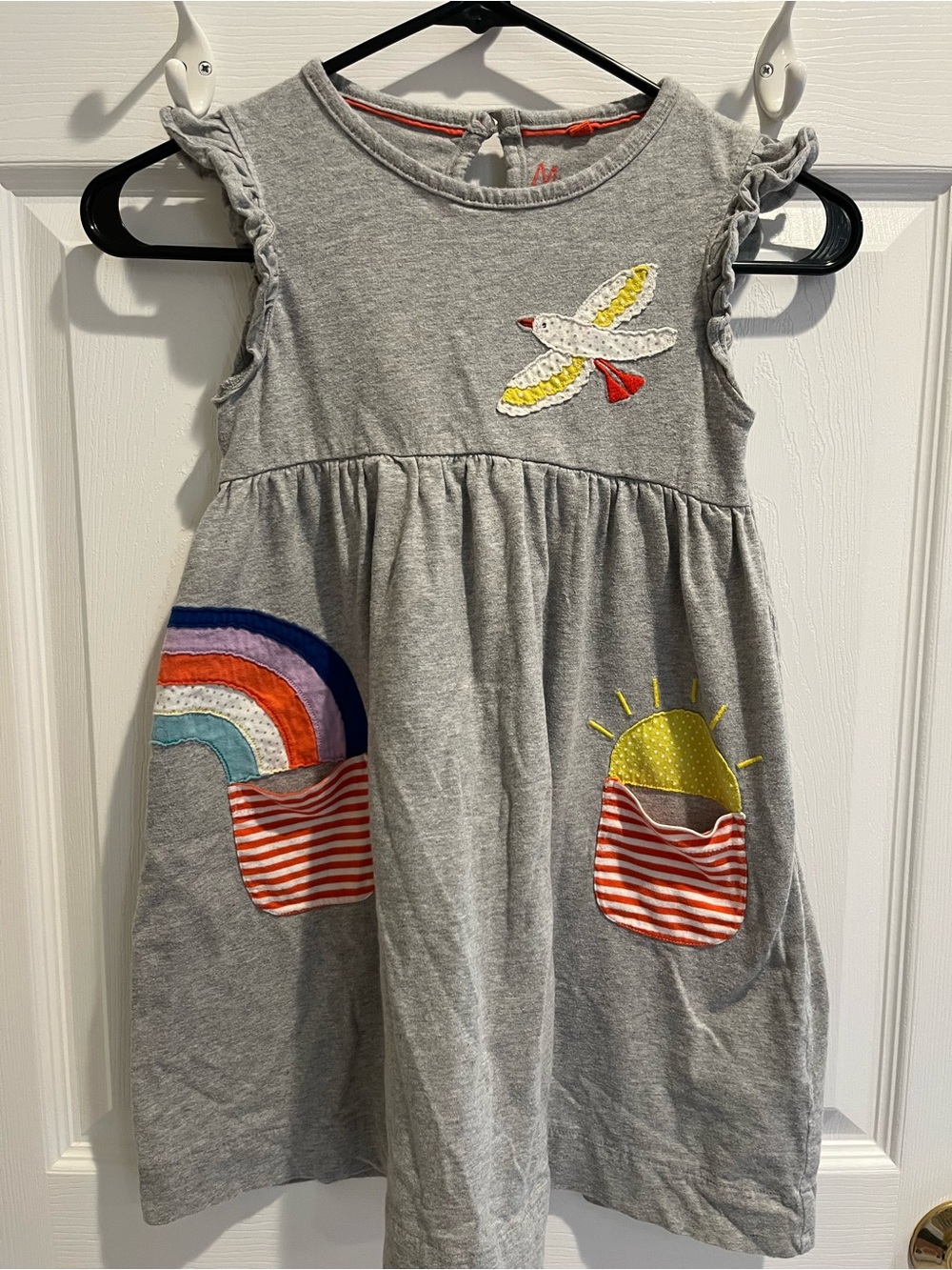 Mini Boden Grey Dress with Rainbow, Sun & Bird Appliqués